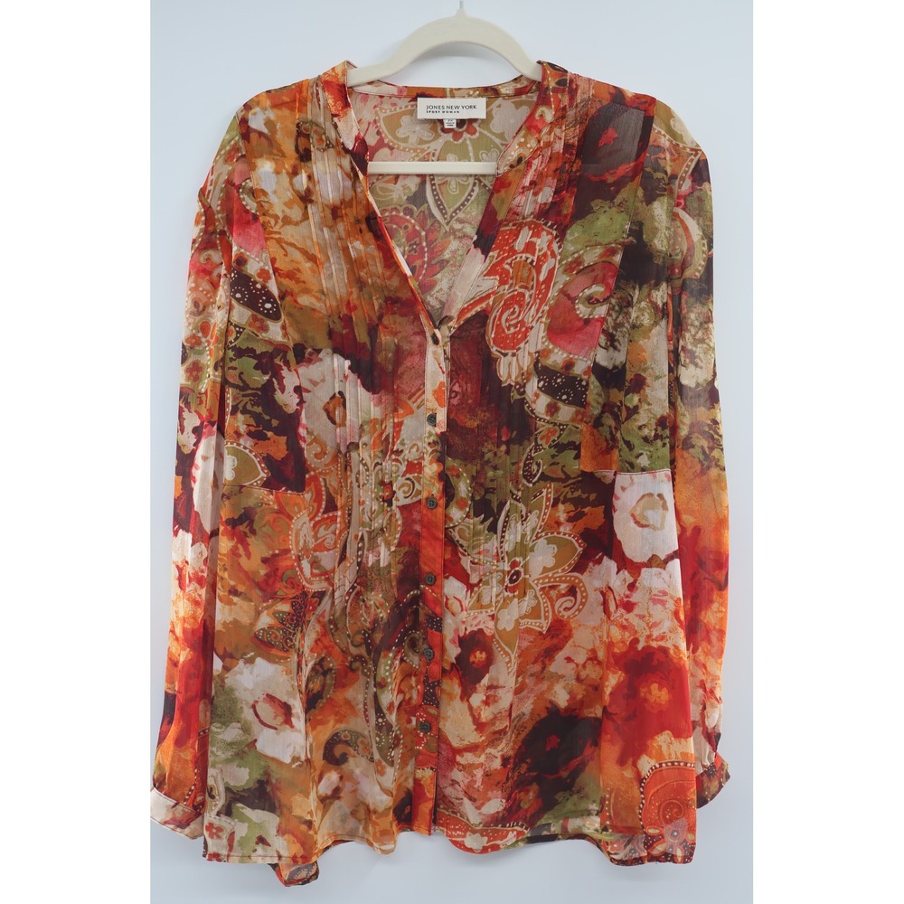 Plus Size Sheer Paisley Blouse 2X Boho Fall Button Front Top Jones New York